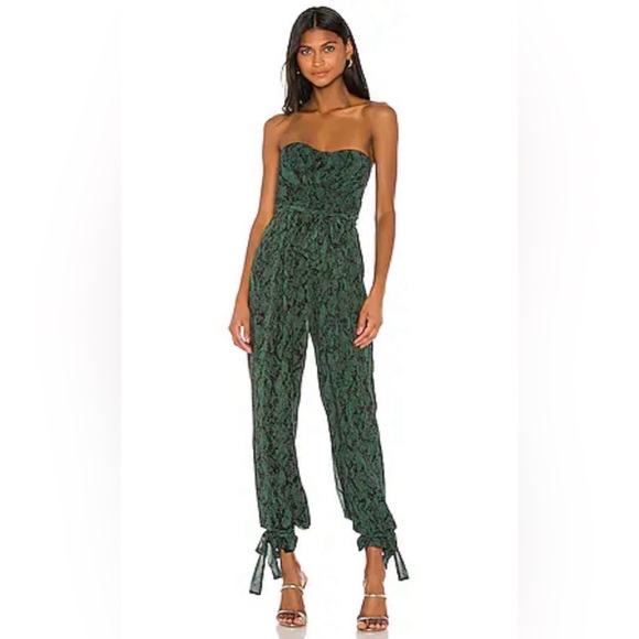 Michael Costello X Revolve Pants - Michael Costello Strapless Green Black Snake Print Jumpsuit XL Pristine Sold Out